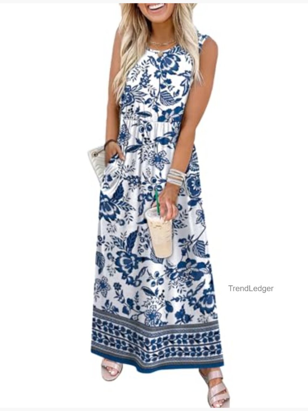 Maxi Dress with Pockets Elastic Waist Sleeveless Sundress Long Flowy A Line - Picture 2 of 5